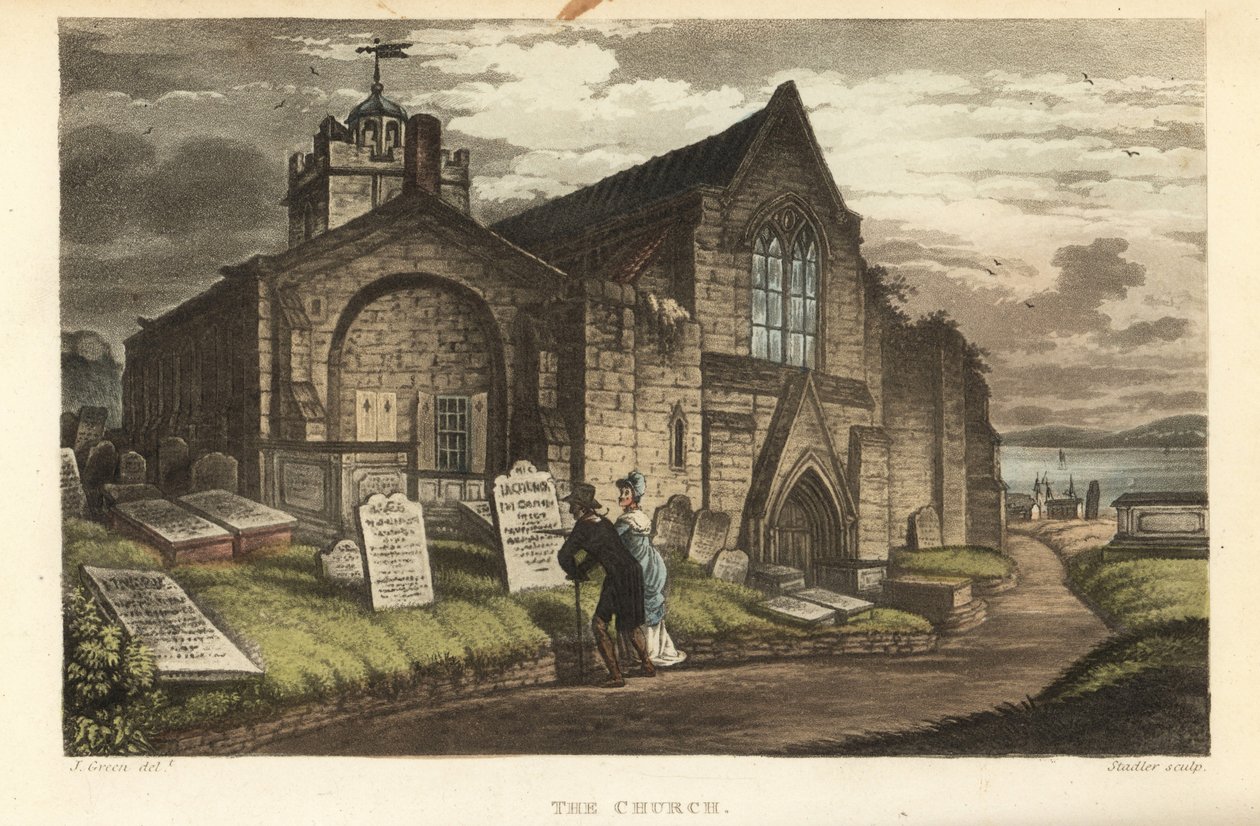 De Kerk: oude toeristen lezen de grafstenen in een gotische kerk door Thomas Rowlandson