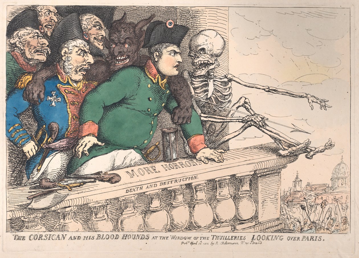 De Corsicaan en zijn bloedhonden bij het raam van de Thuilleries kijken over Parijs, 16 april 1815 door Thomas Rowlandson