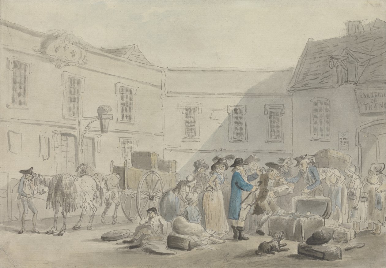 Het douanehuis in Boulogne - verso: grafietschets van paarden, rijtuigen en gebouwen door Thomas Rowlandson