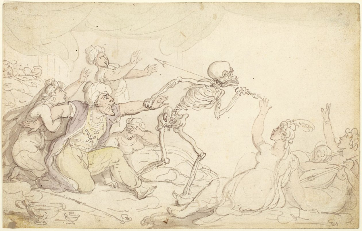 De dans van de dood: de nabob, gevangengenomen in zijn harem door Thomas Rowlandson
