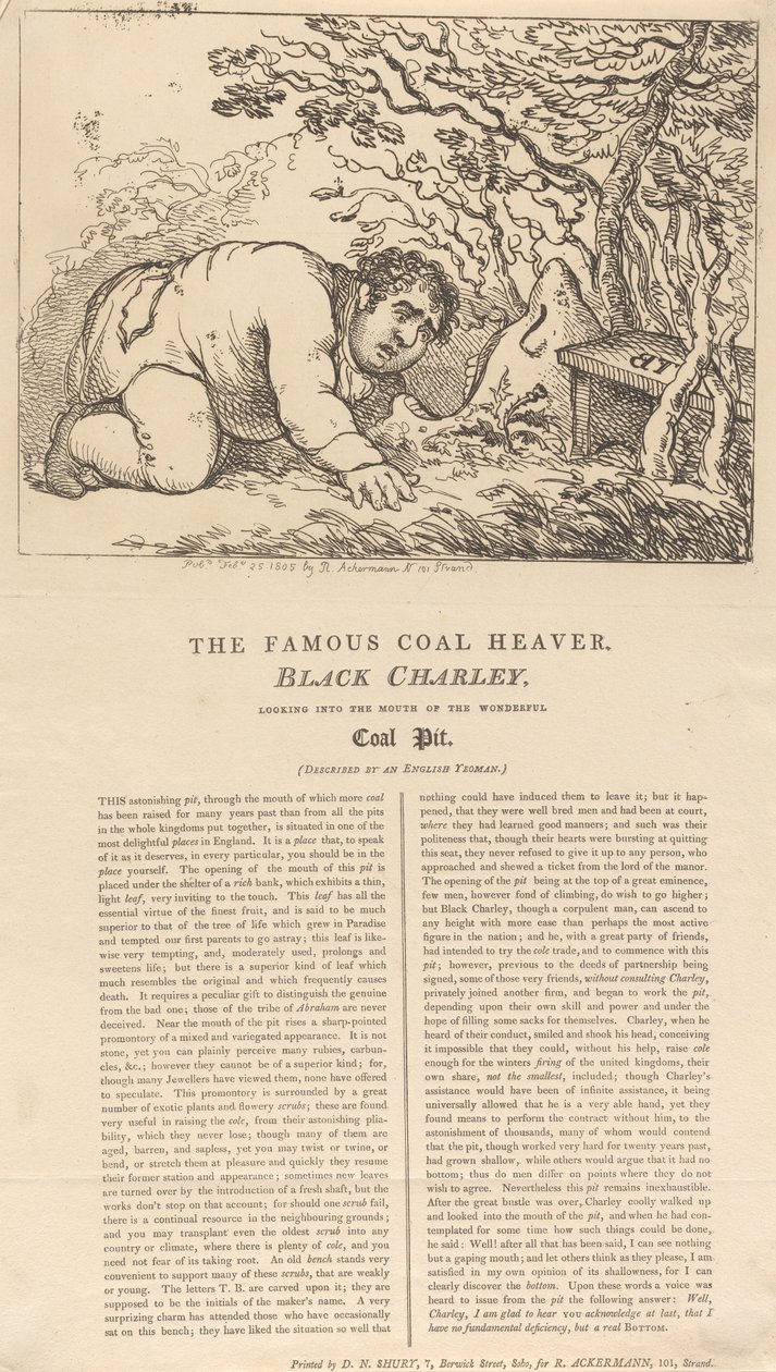 De beroemde zwarte kolenploeger, Black Charley, die in de opening van de prachtige kolenmijn kijkt door Thomas Rowlandson