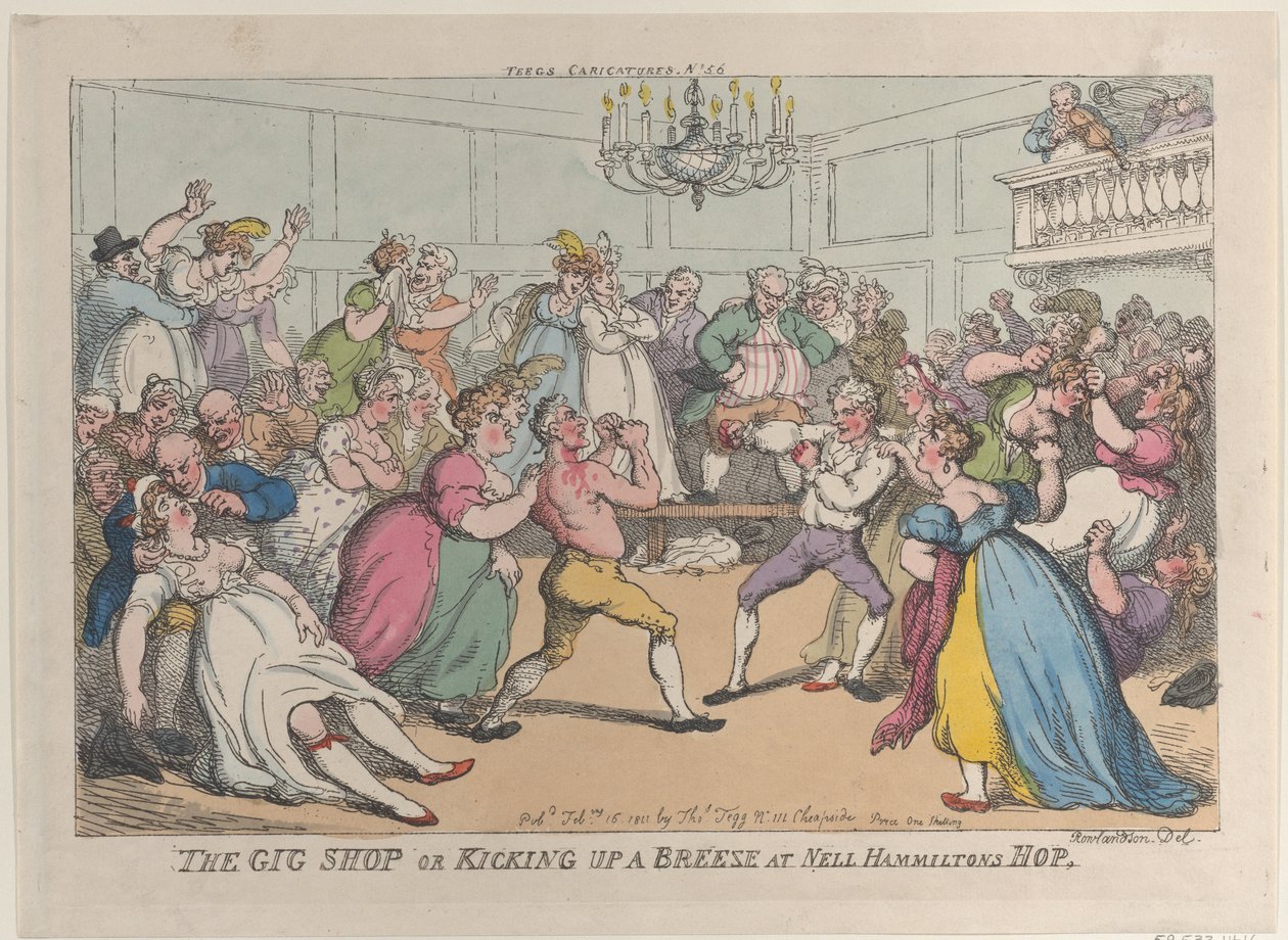 The Gig Shop of Kicking Up a Breeze at Nell Hammiltons Hop door Thomas Rowlandson