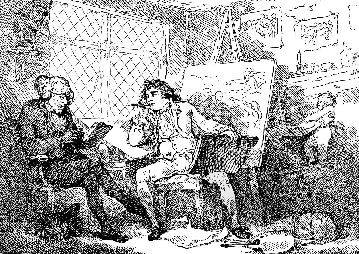 De historicus die de geest van een jonge schilder animeert door Thomas Rowlandson
