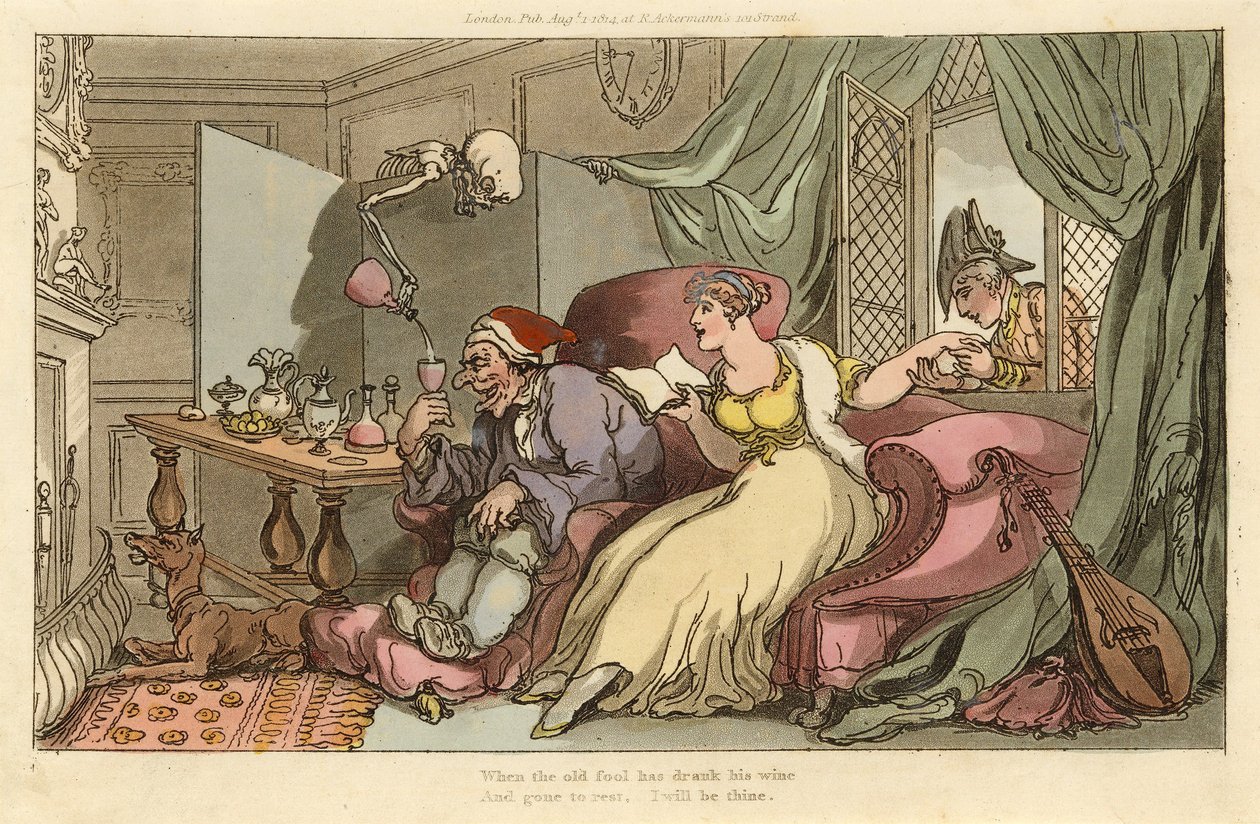 De huwelijksreis, uit The English Dance of Death, uitgegeven 1816 (handgekleurde gravure) door Thomas Rowlandson