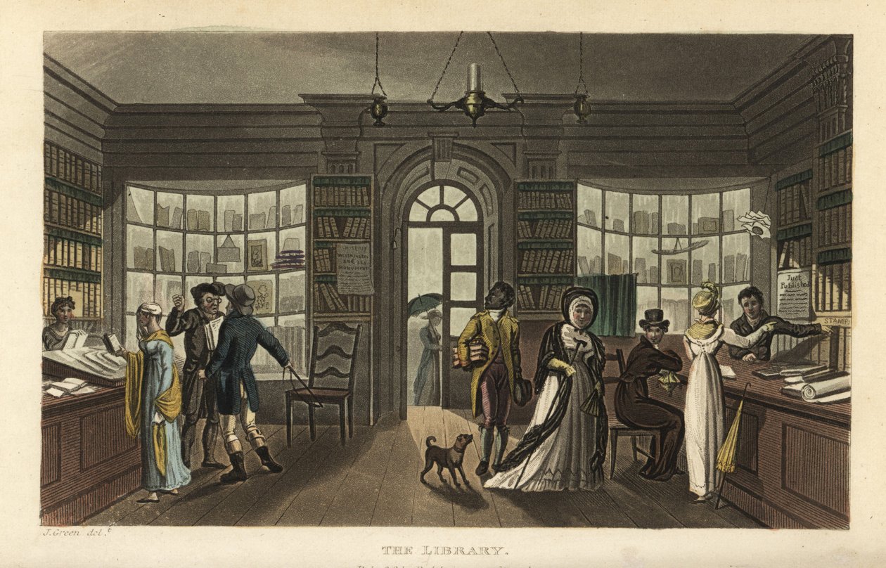 De Bibliotheek. Klanten, waaronder een vrouw en haar zwarte bediende, kijken naar nieuwe boeken in een uitleenbibliotheek door Thomas Rowlandson