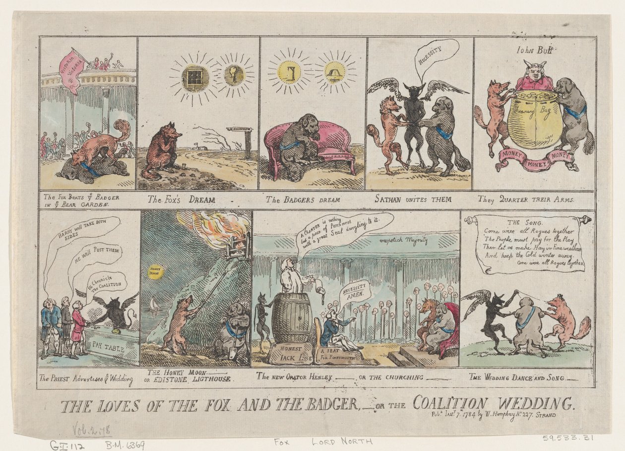 De liefdes van de vos en de das, of de coalitiebruiloft door Thomas Rowlandson