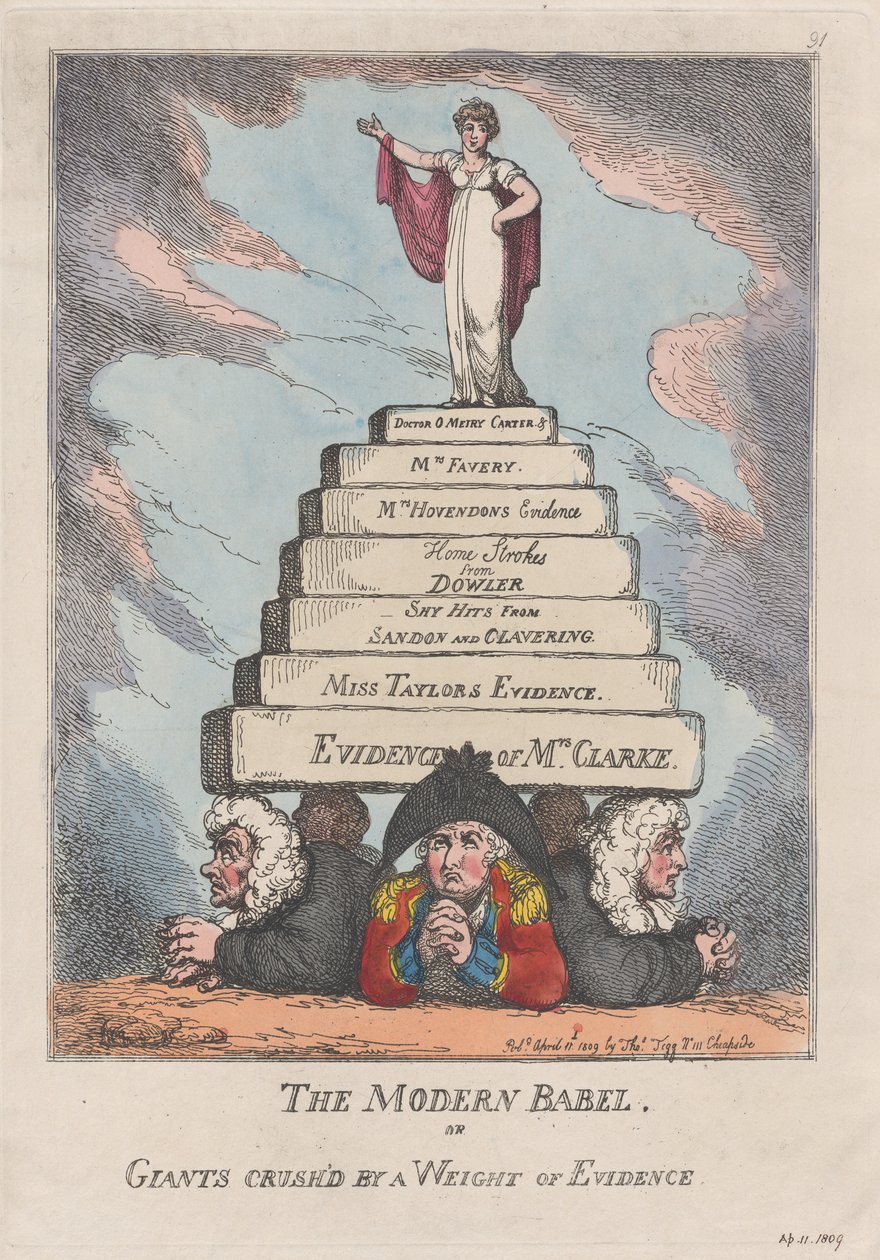De moderne Babel, of reuzen verpletterd door een gewicht van bewijs door Thomas Rowlandson