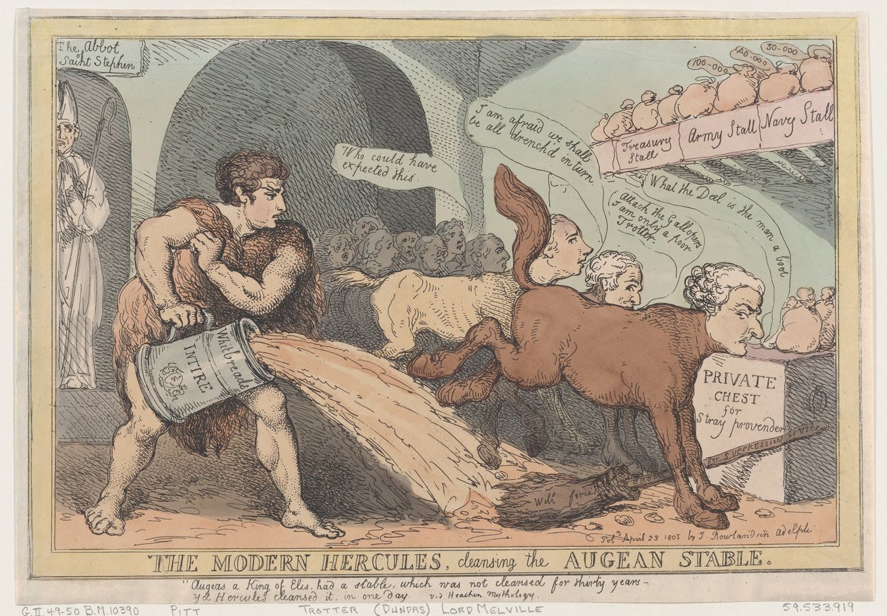 De Moderne Hercules, die de Stal van Augias Reinigt, 23 april 1805 door Thomas Rowlandson