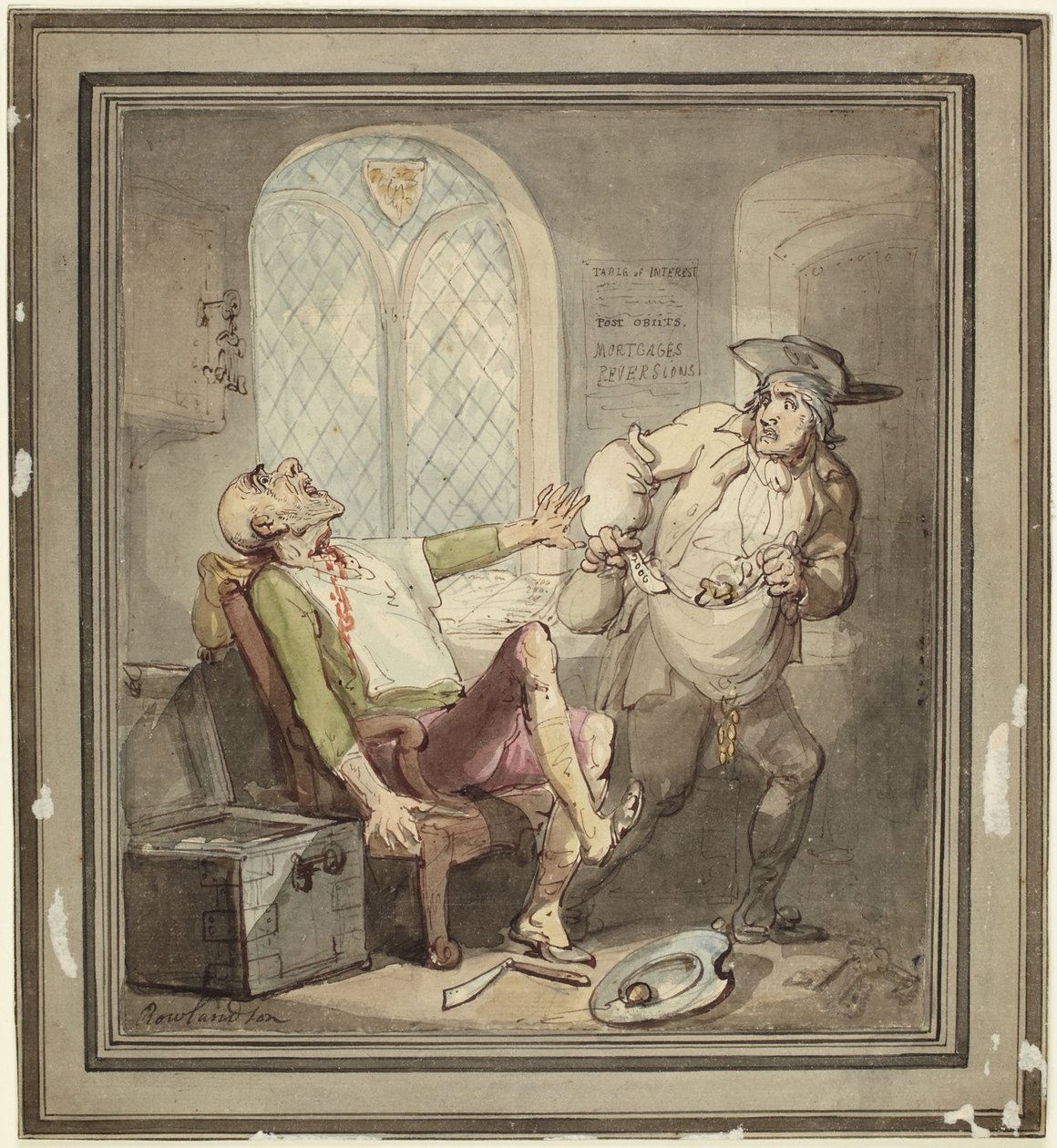 De moord op en de beroving van de vrek door Thomas Rowlandson