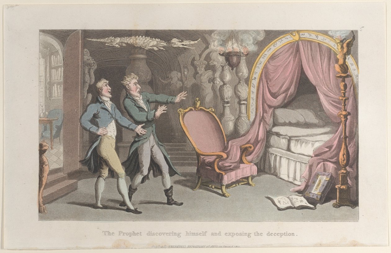De Profeet onthult zichzelf en ontmaskert de misleiding, uit Journal of Sentimental T door Thomas Rowlandson