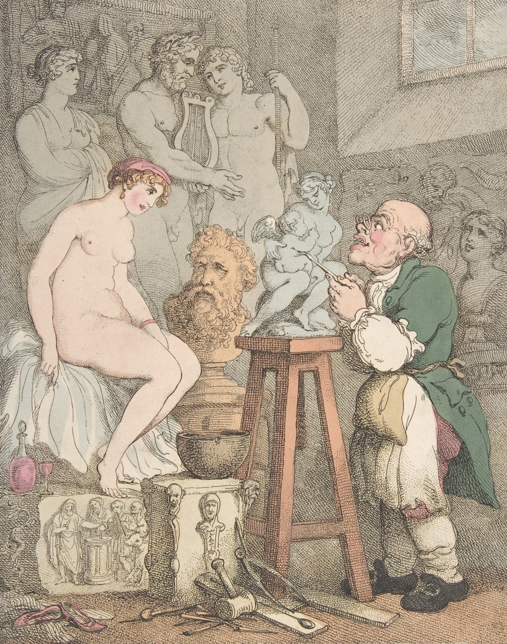 De Beeldhouwer (Voorbereidingen voor de Academie, Oude Joseph Nollekens en zijn Venus), ca. 1800 door Thomas Rowlandson