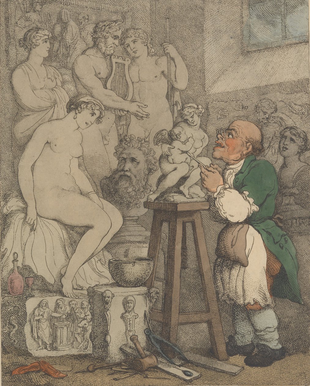 De Beeldhouwer [Voorbereidingen voor de Academie, Oude Joseph Nollekens en zijn Venus], ca. 1800 door Thomas Rowlandson
