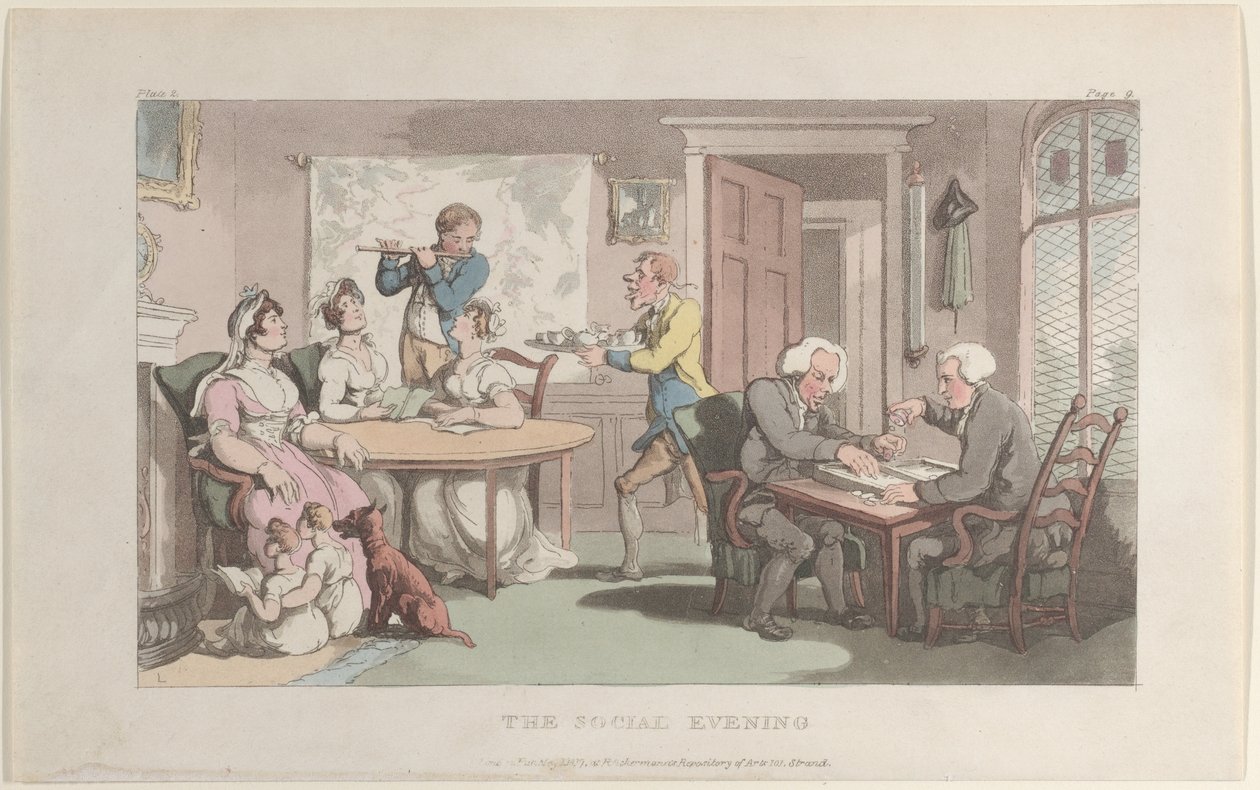 De sociale avond, uit The Vicar of Wakefield, 1 mei 1817 door Thomas Rowlandson