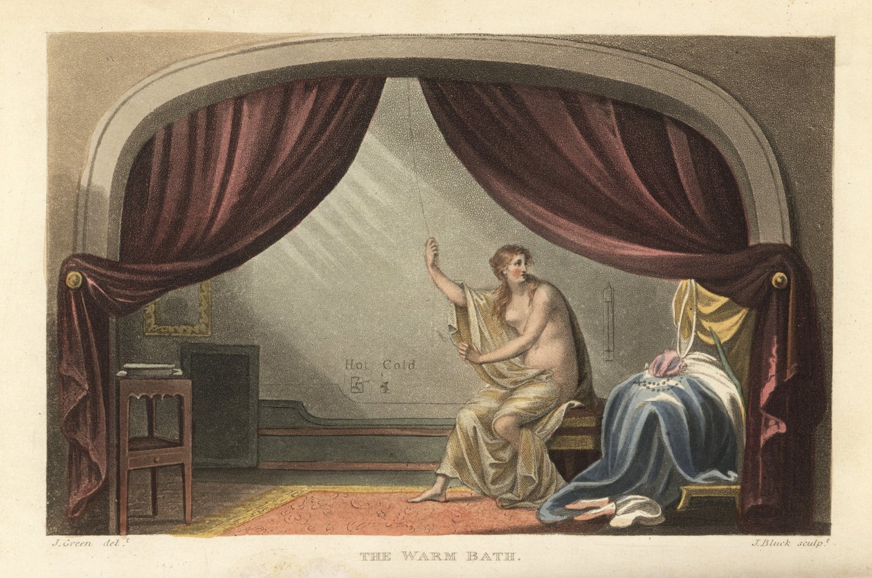 Het warme bad: naakte vrouw neemt een bad achter gordijnen in een Regency-kamer. Zegt een portret te zijn van Mary Robinson, minnares van koning George IV. Handgekleurde kopergravure door Thomas Rowlandson, aquatint door J. Bluck, naar een schets van J. Gr door Thomas Rowlandson