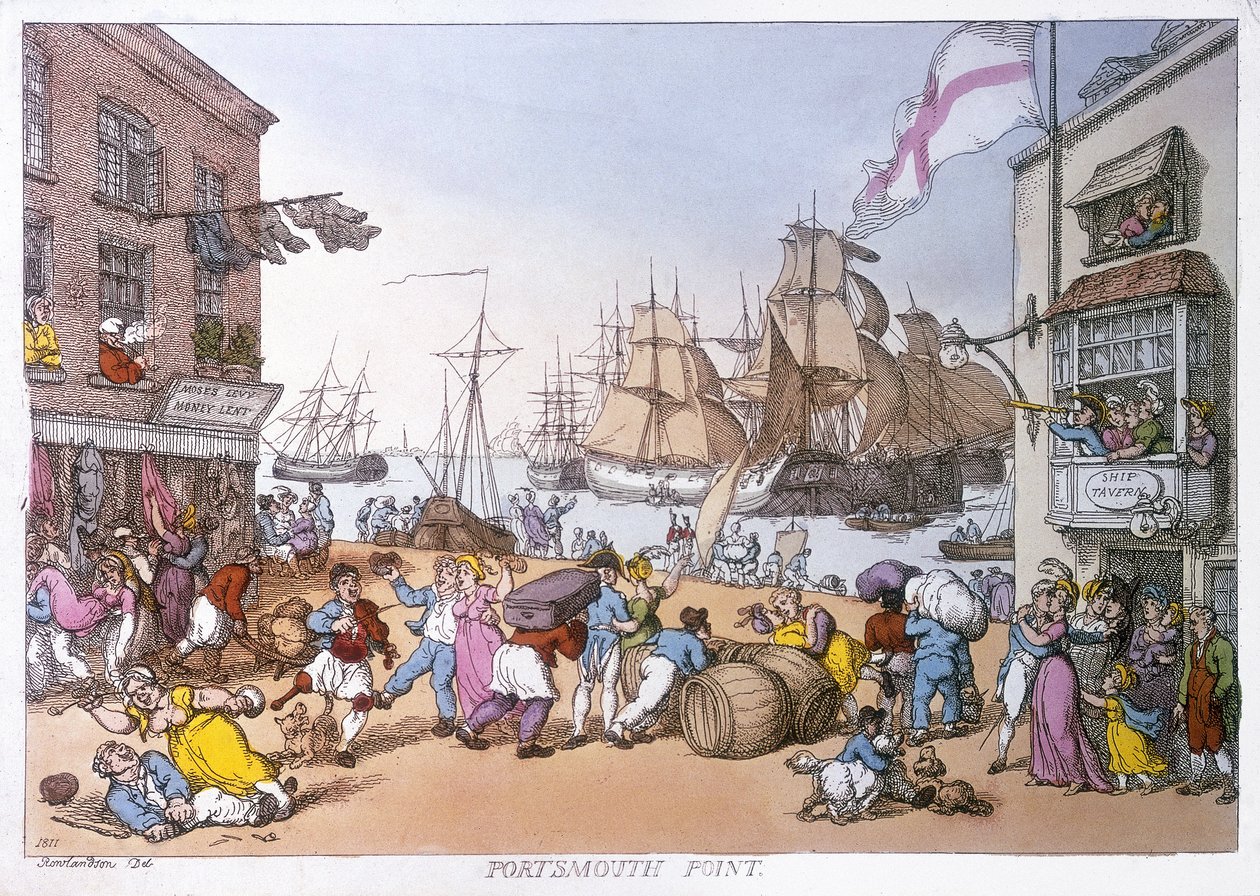 Het district Portsmouth, cartoon die de activiteiten van deze Engelse haven beschrijft door Thomas Rowlandson