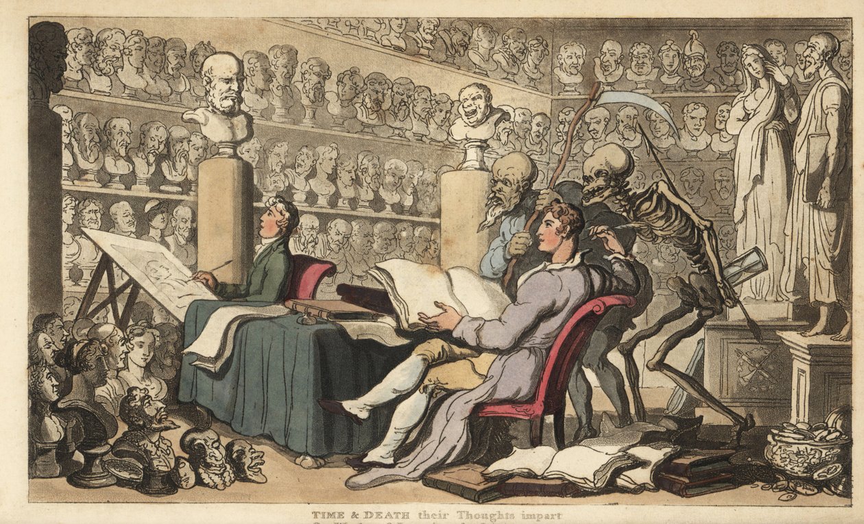 De figuren van Tijd en Dood staan achter een kunstenaar met een ganzenveer door Thomas Rowlandson