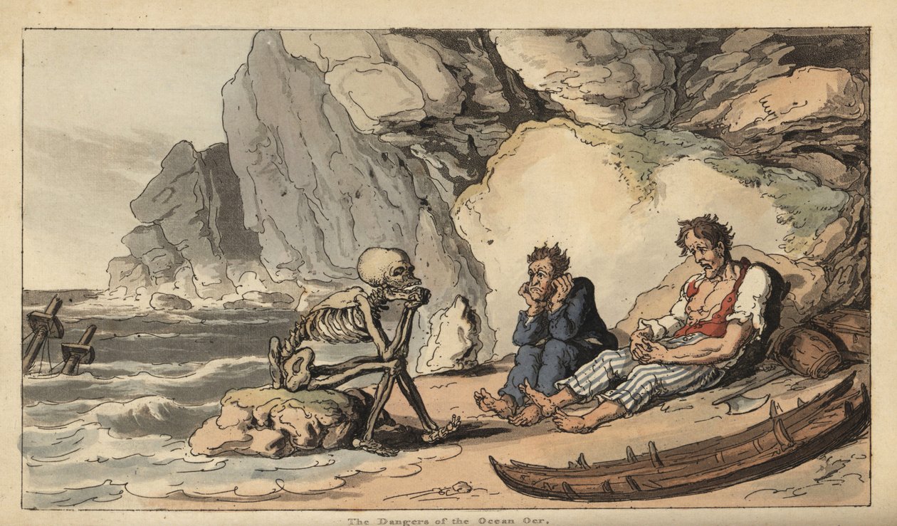Het skelet van de Dood zit op een strand met twee schipbreukelingen door Thomas Rowlandson