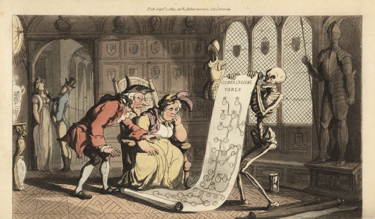 De dood met zijn zandloper toont een genealogische tabel aan twee oudere aristocratische genealogen door Thomas Rowlandson