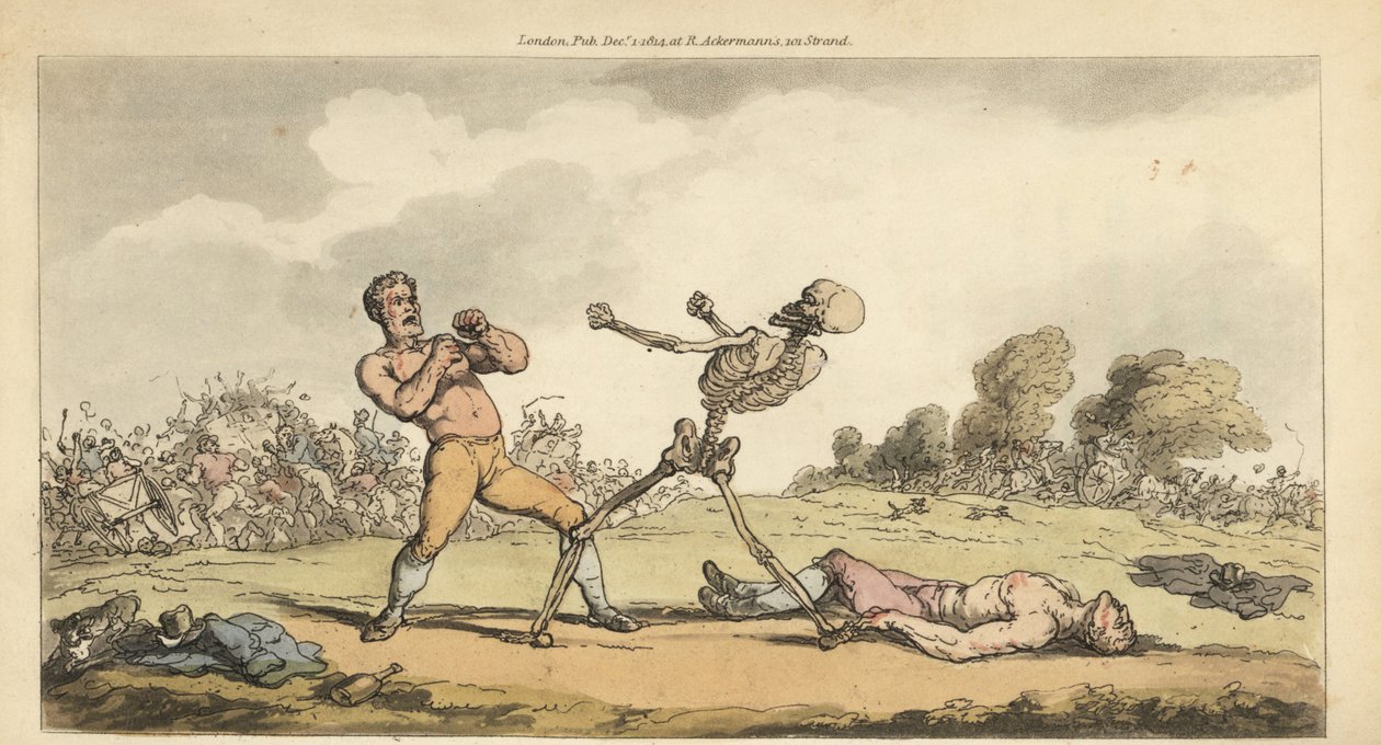 Het skelet van de Dood bokst met een bareknuckle prijsvechter terwijl een andere bokser op de grond ligt en het publiek in paniek vlucht. Handgekleurde kopergravure getekend en gegraveerd door Thomas Rowlandson uit The English Dance of Death, Ackermann, Lo door Thomas Rowlandson
