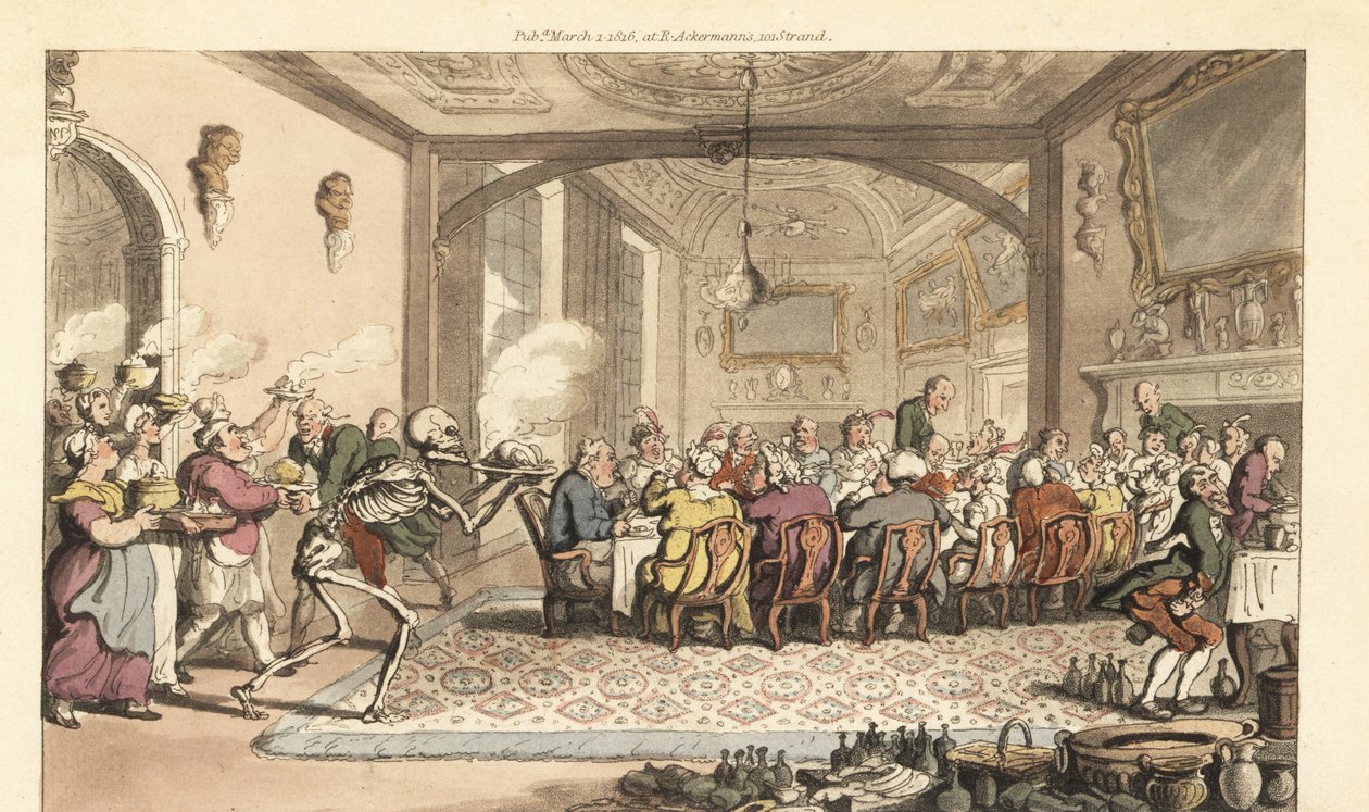 De skelet van de Dood brengt een fatale lekkernij naar een gulzig feest in een grote zaal. Handgekleurde kopergravure getekend en gegraveerd door Thomas Rowlandson uit The English Dance of Death, Ackermann, Londen door Thomas Rowlandson