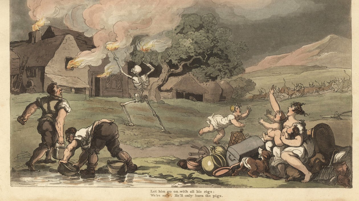 De skelet van de Dood steekt een huis in brand met fakkels terwijl een familie probeert zijn schatten te redden en het vuur te blussen met emmers water uit de vijver door Thomas Rowlandson