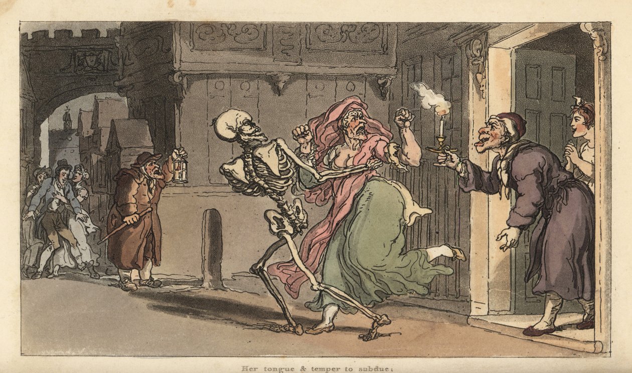 De skelet van de Dood voert een Virago weg uit een huis terwijl een nachtwaker met lantaarn toekijkt. Handgekleurde koperplaat getekend en gegraveerd door Thomas Rowlandson uit The English Dance of Death, Ackermann, Londen door Thomas Rowlandson