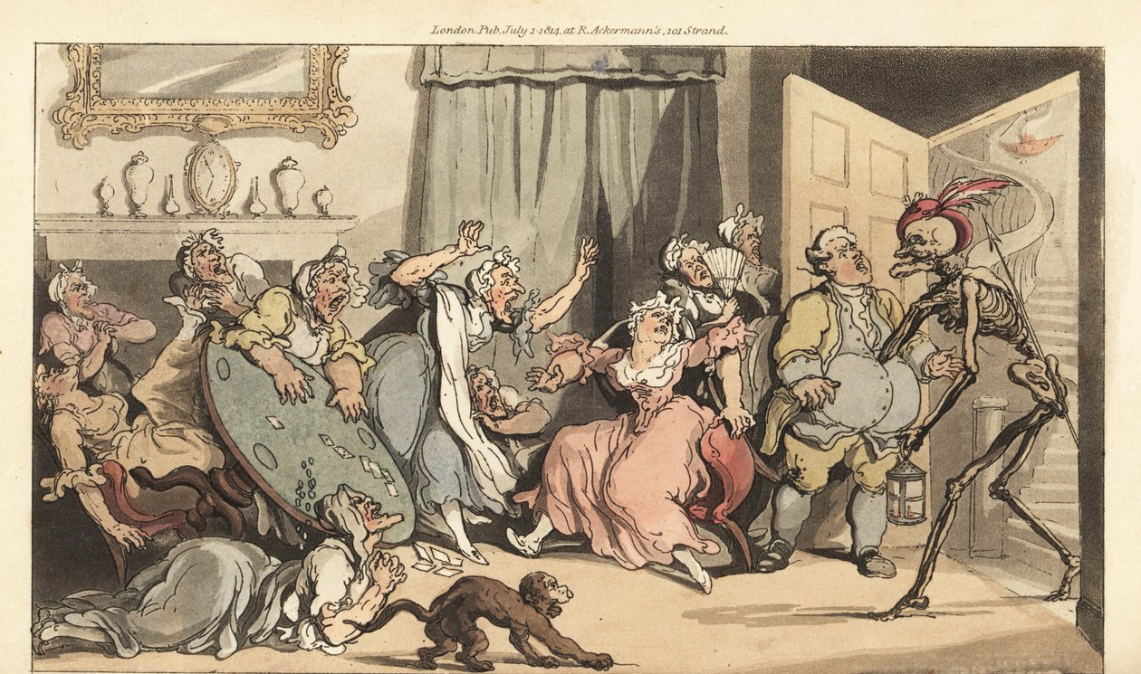 De skelet van de Dood komt voor Miss Mustard, een van de oude vrijgezellen die kaarten speelt in een salon. Handgekleurde kopergravure door Thomas Rowlandson uit The English Dance of Death, Ackermann, Londen door Thomas Rowlandson