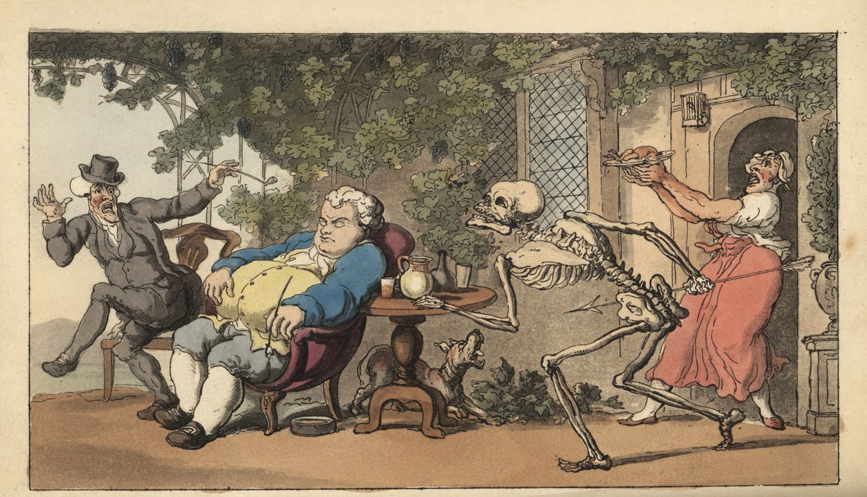 Het skelet van de Dood komt voor Tom Higgins, een metselaar die is overleden terwijl hij wachtte op een gerecht buiten een herberg. Handgekleurde kopergravure getekend en gegraveerd door Thomas Rowlandson uit The English Dance of Death, Ackermann, Londen door Thomas Rowlandson