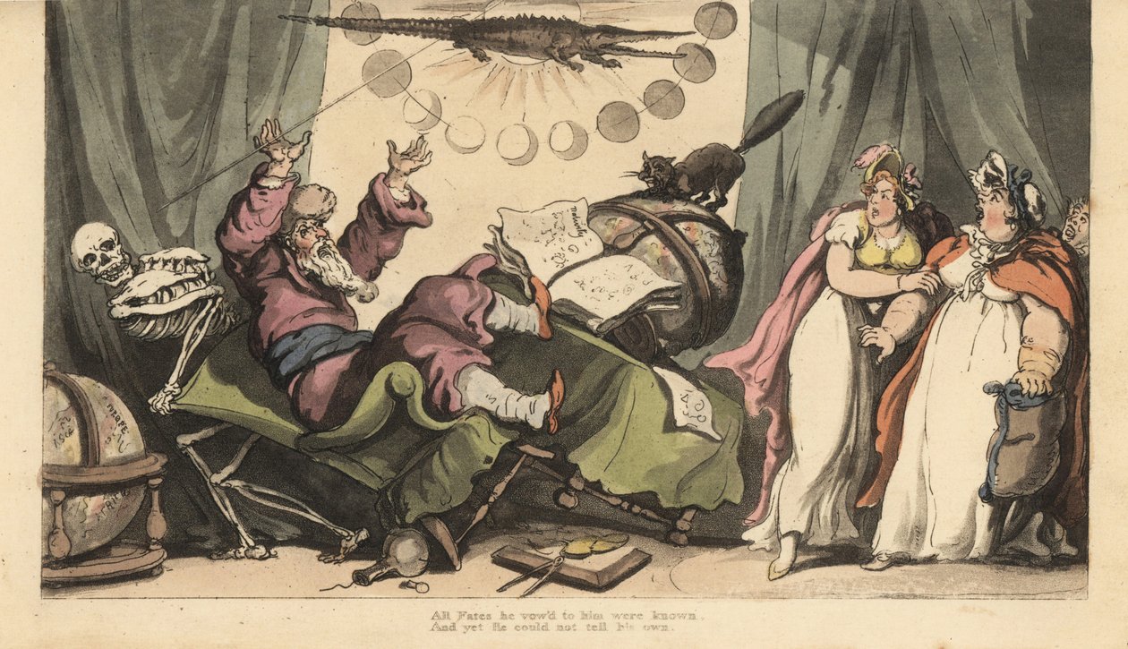 De skelet van de Dood komt voor de waarzegger in zijn kamer versierd met planetenbollen, astrologieboeken en een krokodil. Twee vrouwelijke klanten kijken in angst toe. Handgekleurde kopergravure getekend en gegraveerd door Thomas Rowlandson uit The Englis door Thomas Rowlandson