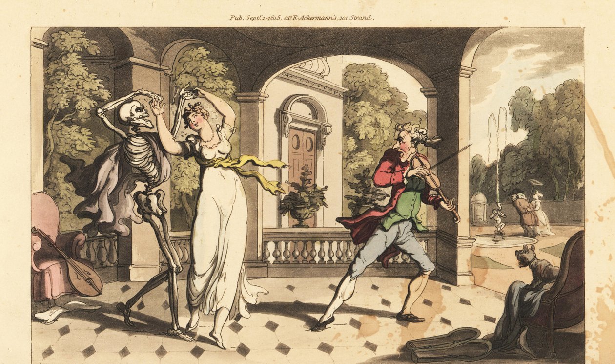 De skelet van de Dood in een cape danst een laatste wals met fragiele Caelia, terwijl haar dansleraar geschokt toekijkt. Handgekleurde kopergravure getekend en gegraveerd door Thomas Rowlandson uit The English Dance of Death, Ackermann, Londen door Thomas Rowlandson