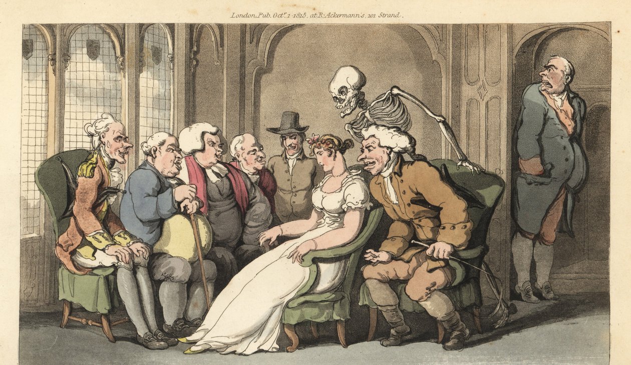 De skelet van de Dood voegt zich bij een groep vrijers voor de mooie erfgename Belinda en verslaat de advocaat, dokter, dominee, Quaker, kolonel en baronet voor de prijs. Handgekleurde kopergravure getekend en gegraveerd door Thomas Rowlandson uit The Engl door Thomas Rowlandson