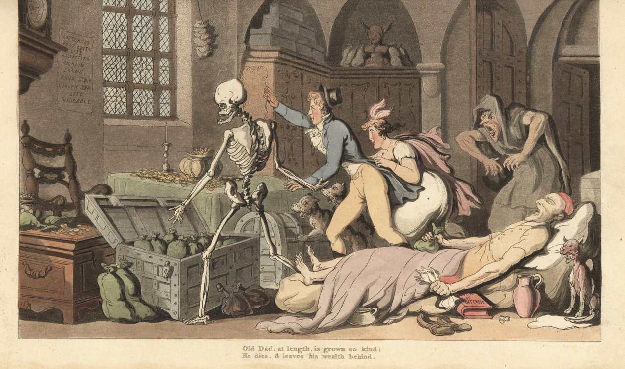 De dood leidt hebzuchtige kinderen naar de kist met goud van een vrek door Thomas Rowlandson