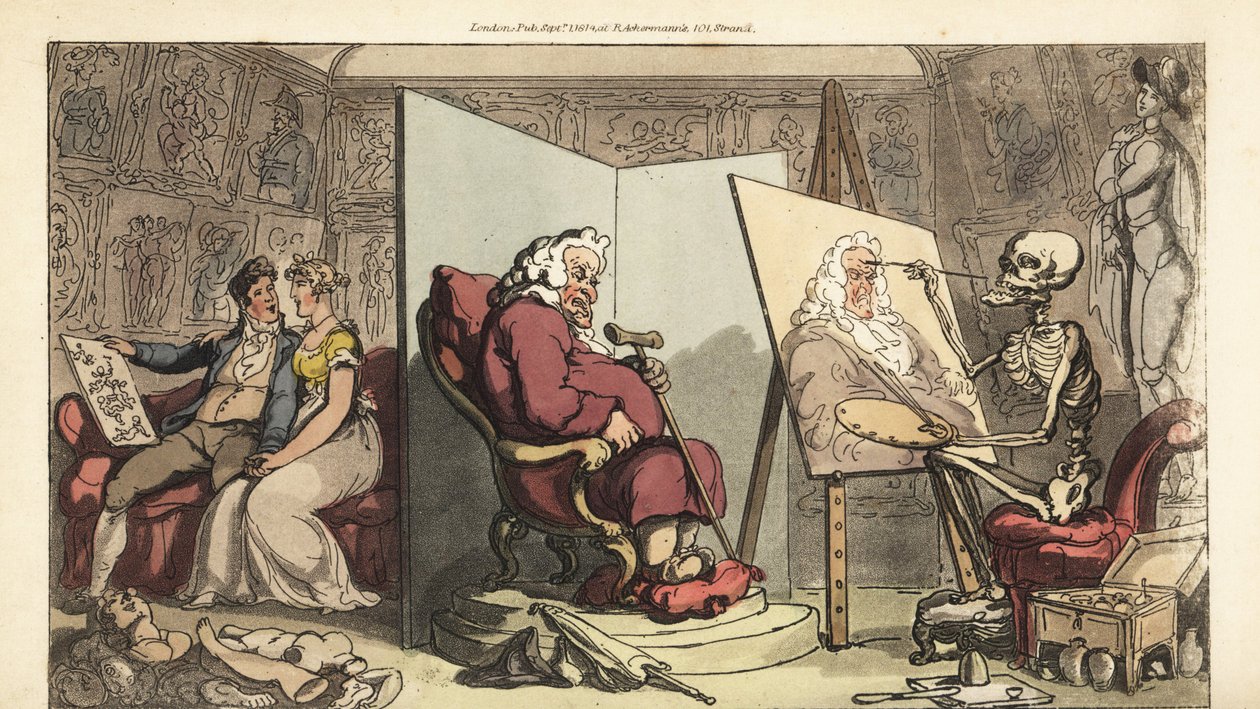 De skelet van de Dood schildert een portret van een wethouder, terwijl zijn jonge dienstmeisje flirt met een galante kunstenaar achter het scherm. Handgekleurde koperplaat getekend en gegraveerd door Thomas Rowlandson uit The English Dance of Death, Ackerm door Thomas Rowlandson