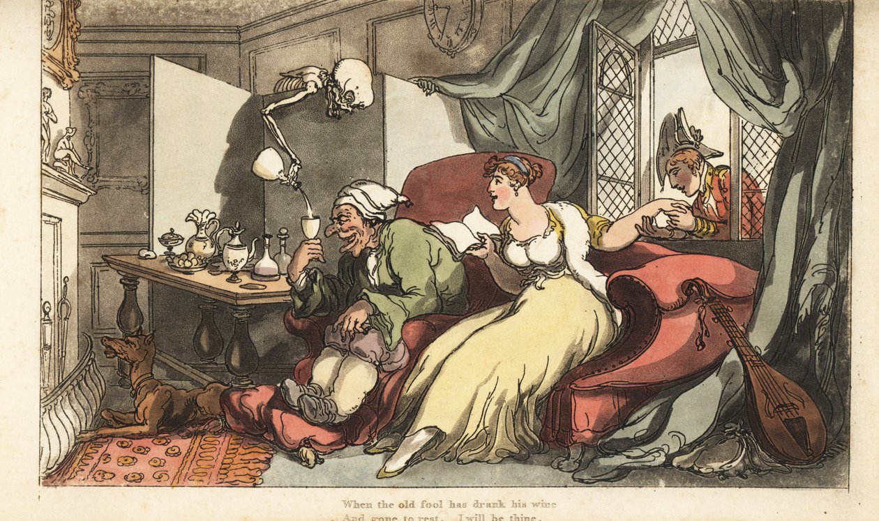 Het skelet van de Dood schenkt een dodelijk glas wijn in voor de oude dwaas Sir Peter op zijn huwelijksreis, terwijl zijn jonge vrouw Julia flirt met majoor Henry bij het raam. Handgekleurde kopergravure getekend en gegraveerd door Thomas Rowlandson uit Th door Thomas Rowlandson