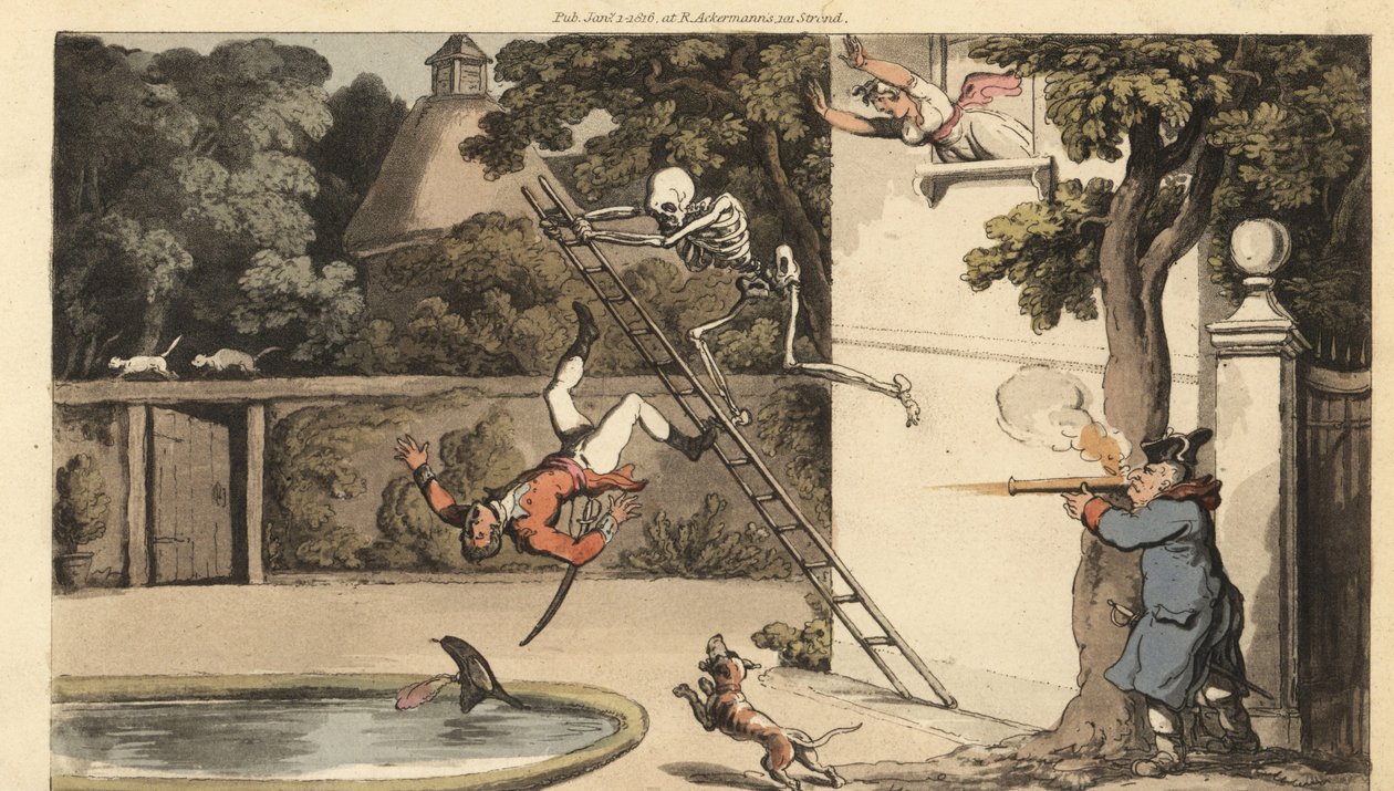 Het skelet van de Dood duwt een ladder weg van een muur en doodt een galante minnaar terwijl hij probeert te vluchten met een schoonheid. De vader van het meisje schiet met een musket op de vallende man. Handgekleurde kopergravure getekend en gegraveerd do door Thomas Rowlandson