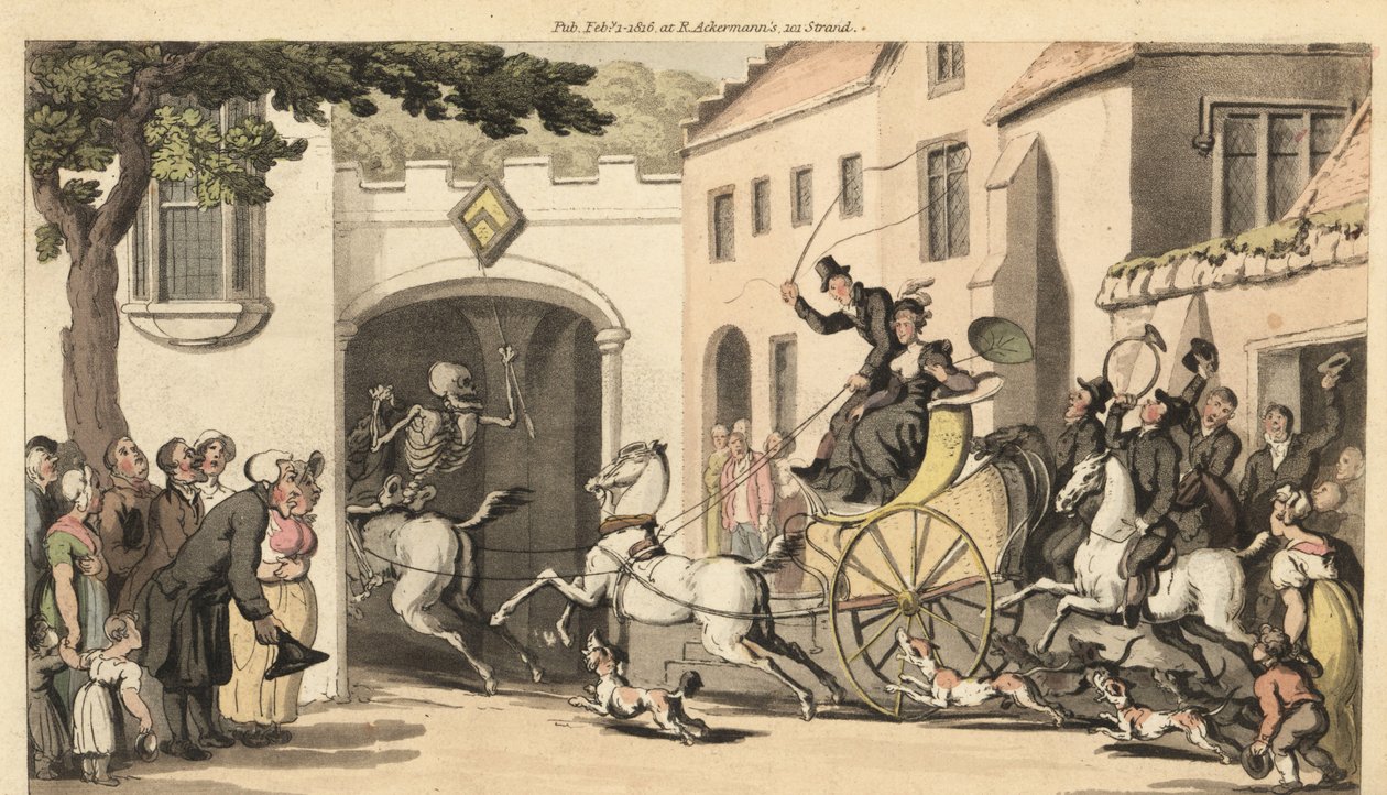 De skelet van de Dood rijdt voor een hoge tandem die de volgende erfgenaam naar zijn ondergang draagt onder een lage boog. Handgekleurde koperplaat getekend en gegraveerd door Thomas Rowlandson uit The English Dance of Death, Ackermann, Londen door Thomas Rowlandson