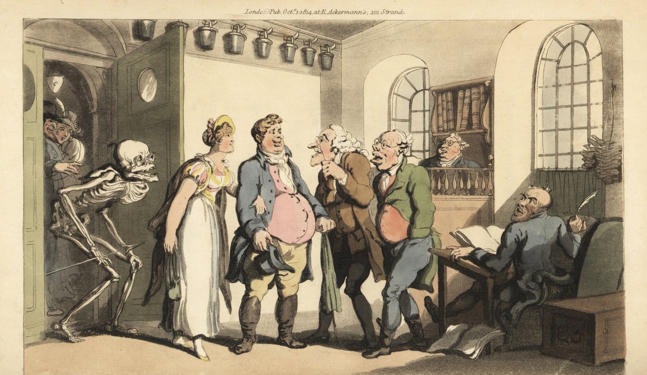 De dood verrast Ned Freeman terwijl hij het verzekeringskantoor bezoekt door Thomas Rowlandson