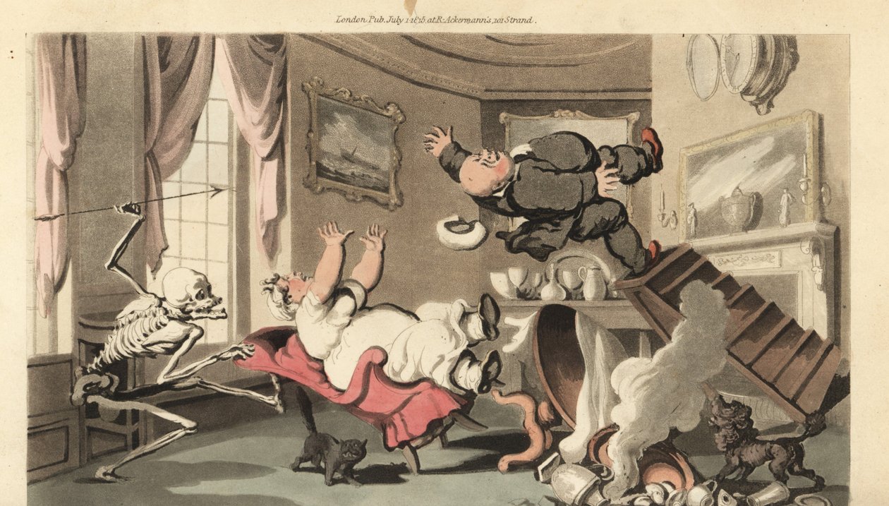 De skelet van de Dood gooit zijn pijl naar een man terwijl hij van een trap valt tijdens het opwinden van een klok boven de schoorsteenmantel door Thomas Rowlandson