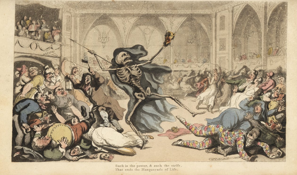 Het skelet van de Dood veroorzaakt een oproer onder de harlekijnen, jockeys, nonnen, Turken en dwazen op een gemaskerd bal. Handgekleurde kopergravure getekend en gegraveerd door Thomas Rowlandson uit The English Dance of Death, Ackermann, Londen door Thomas Rowlandson