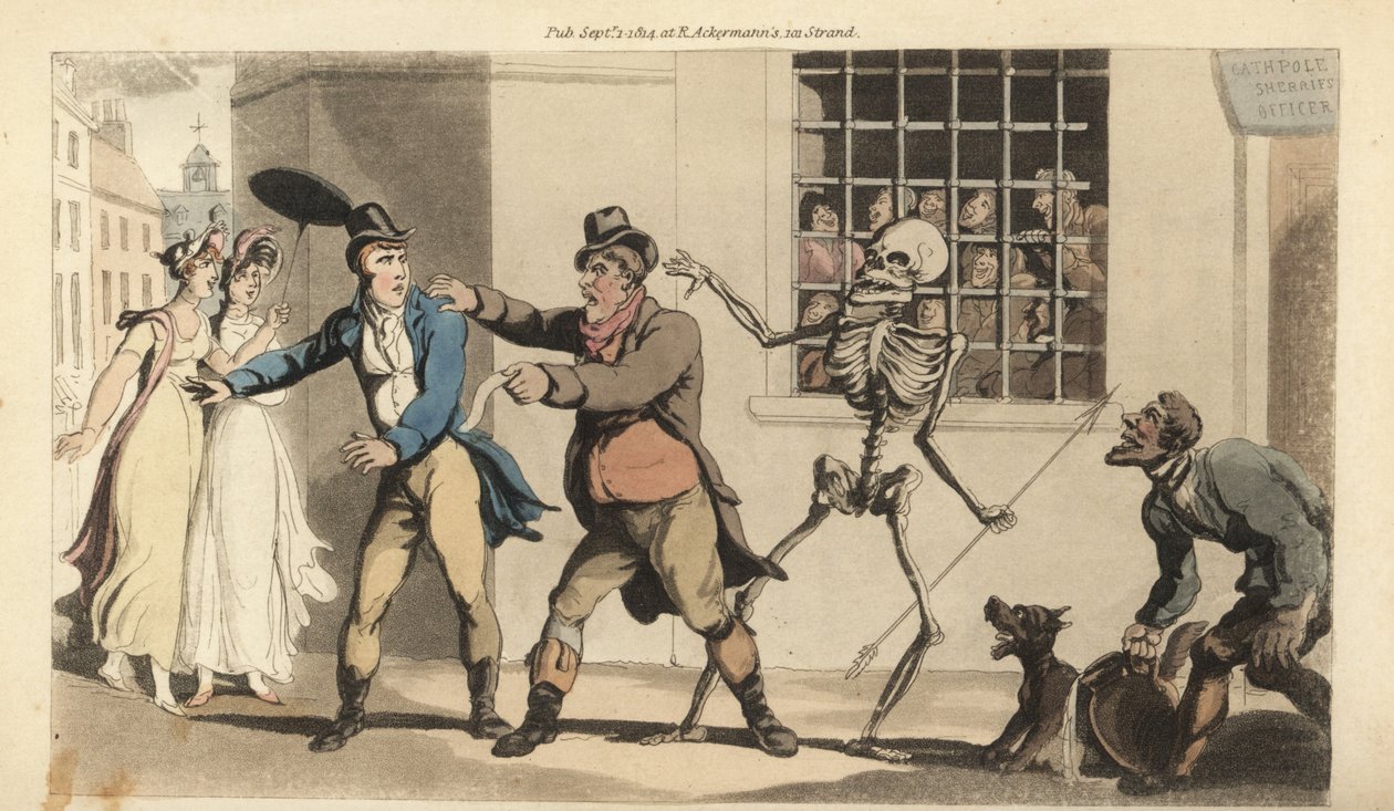 Het skelet van de Dood met zijn pijl neemt een deurwaarder mee terwijl hij probeert een schuld te innen van een heer op straat, terwijl vele andere schuldenaren toekijken vanuit de gevangenis. Handgekleurde kopergravure getekend en gegraveerd door Thomas R door Thomas Rowlandson