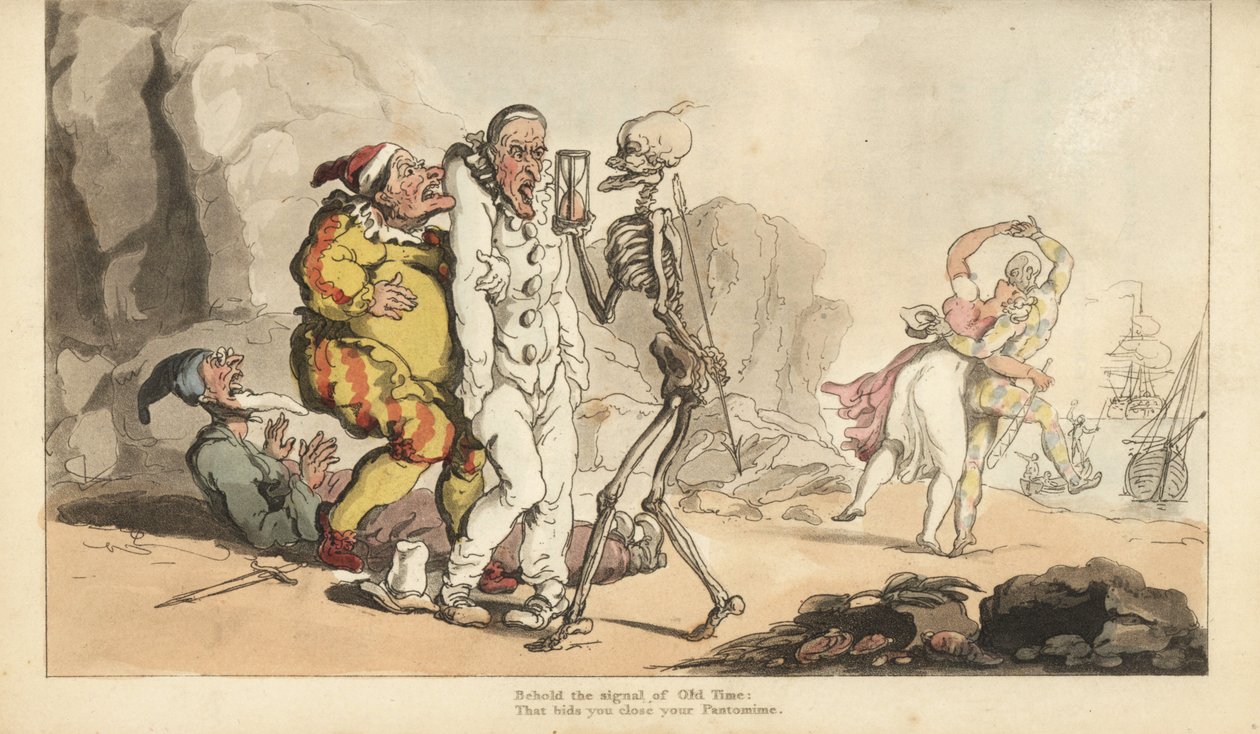 De skelet van de Dood met zandloper en pijl komt voor een Pierrot en andere clowns, terwijl een harlekijn danst met een vrouw op een strand door Thomas Rowlandson