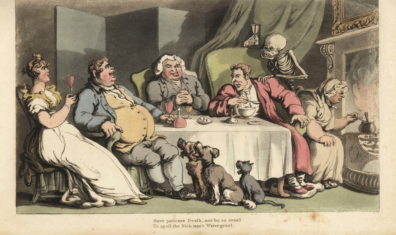 De skelet van de Dood met zandloper komt voor de zieke man terwijl hij pap eet aan de eettafel met zijn drinkende vrienden voor de open haard. Handgekleurde kopergravure door Thomas Rowlandson uit The English Dance of Death, Ackermann, Londen door Thomas Rowlandson