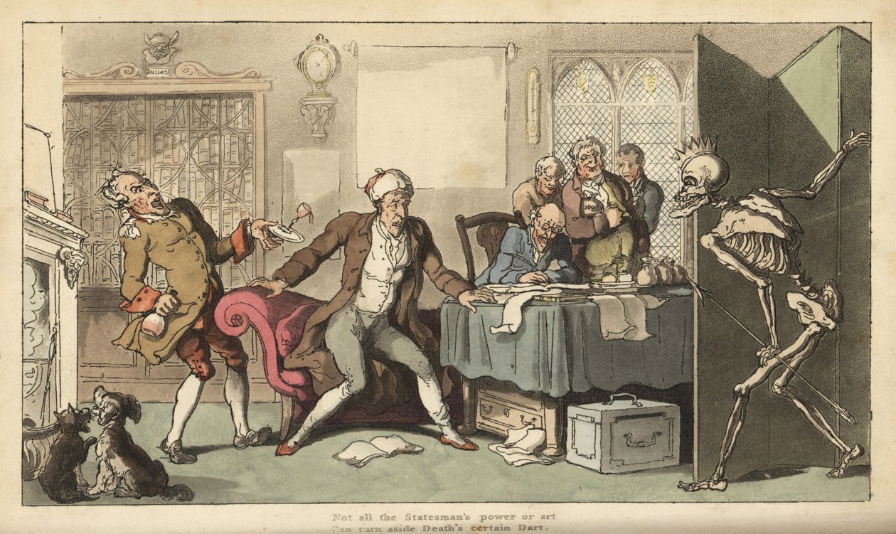 De staatsman in zijn kantoor wordt verrast door het skelet van de Dood met zijn kroon en speer die achter een scherm tevoorschijn komt door Thomas Rowlandson