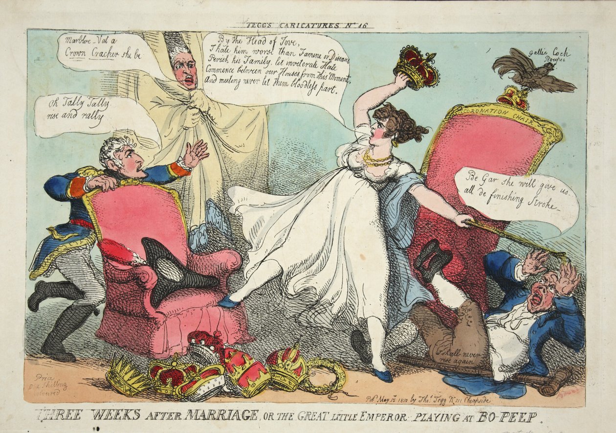 Drie weken na het huwelijk, of de grote kleine keizer die kiekeboe speelt, pub. 1810 (handgekleurde gravure) door Thomas Rowlandson