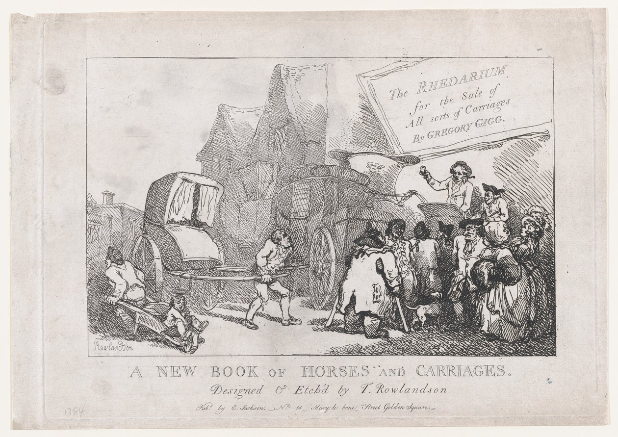 Titelpagina: Een nieuw boek van paarden en rijtuigen, of, De Rhedarium voor de verkoop van alle soorten..., 1784 door Thomas Rowlandson