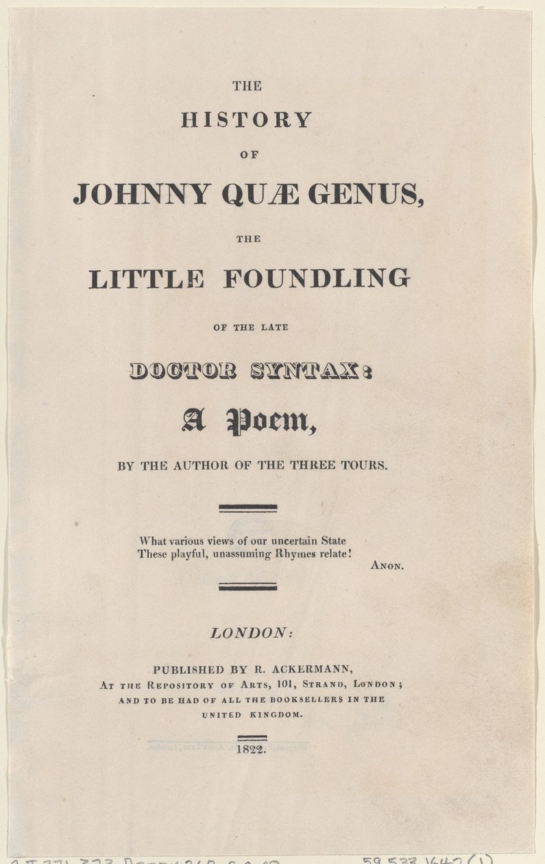 Titelpagina, uit The History of Johnny Quae Genus, The Little Foundling of the Late Docto door Thomas Rowlandson