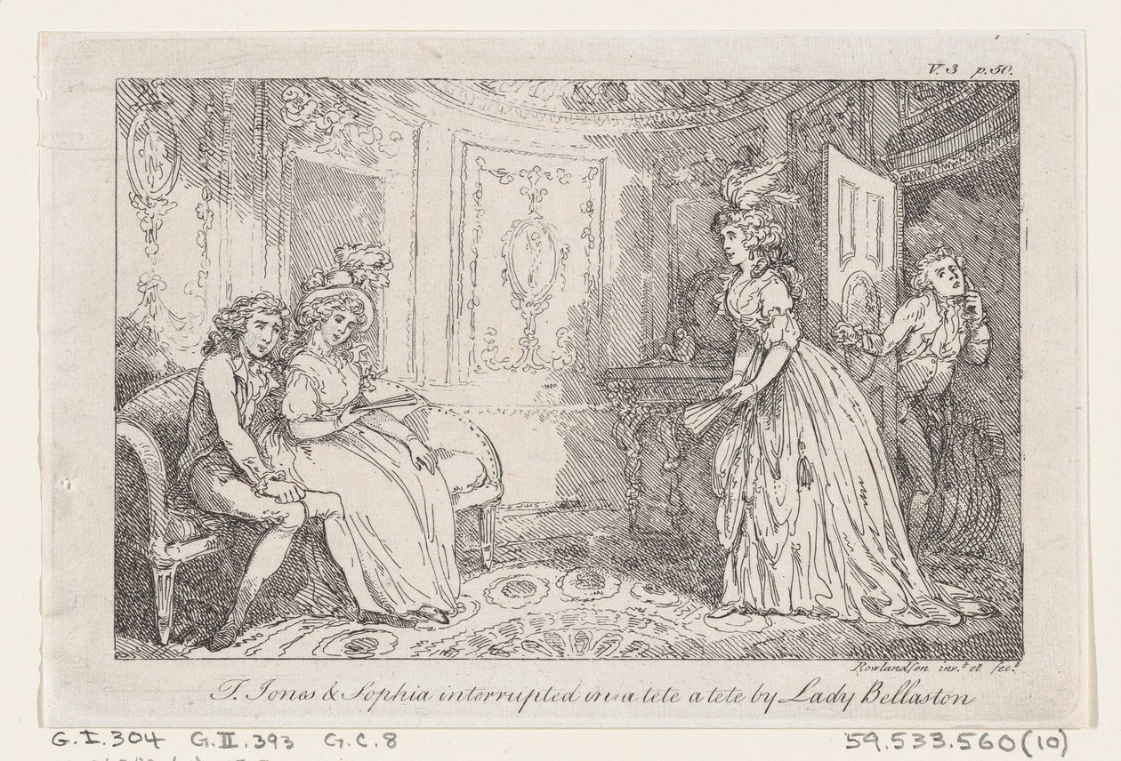 Tom Jones & Sophia onderbroken in een tête-à-tête door Lady Bellaston door Thomas Rowlandson