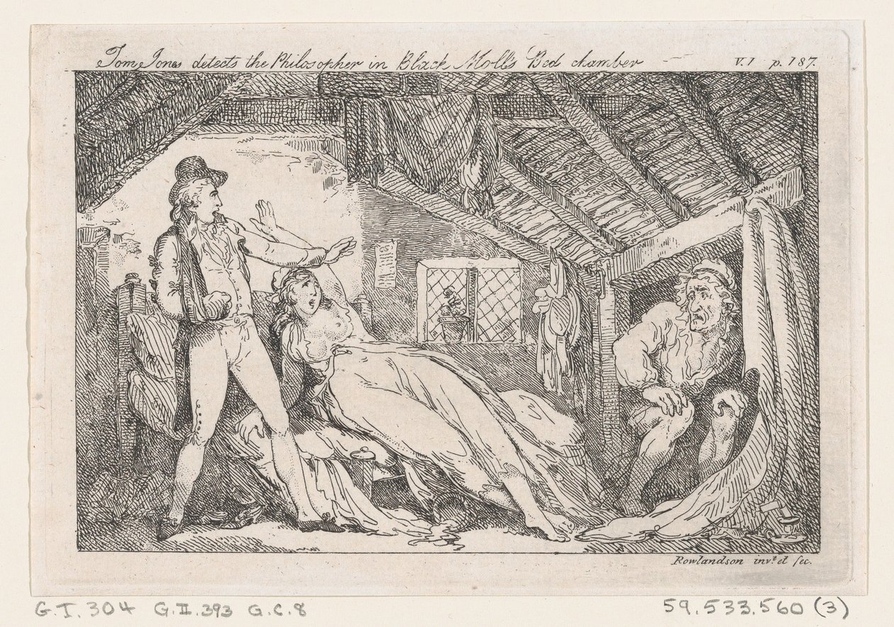 Tom Jones ontdekt de Filosoof in de Slaapkamer van Zwarte Moll, De Geschiedenis van Tom Jones door Thomas Rowlandson