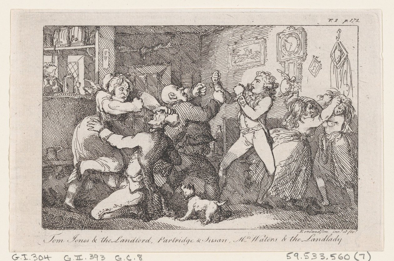 Tom Jones & de Herbergier, Partridge & Susan, Mrs Waters & de Herbergierster, uit The History door Thomas Rowlandson