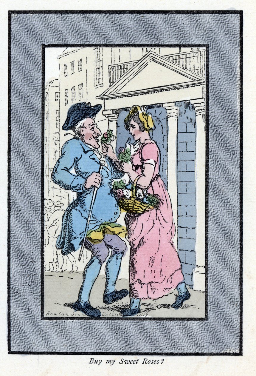 Reizende bloemenverkoper, nadert een glimlachende heer met een klein boeket rozen (1819). Houtsnede, gebaseerd op een schilderij van Thomas Rowlandson (1756-1827), gepubliceerd in The Cries of London: met zes charmante kinderen en bijna 40 illustraties door Thomas Rowlandson